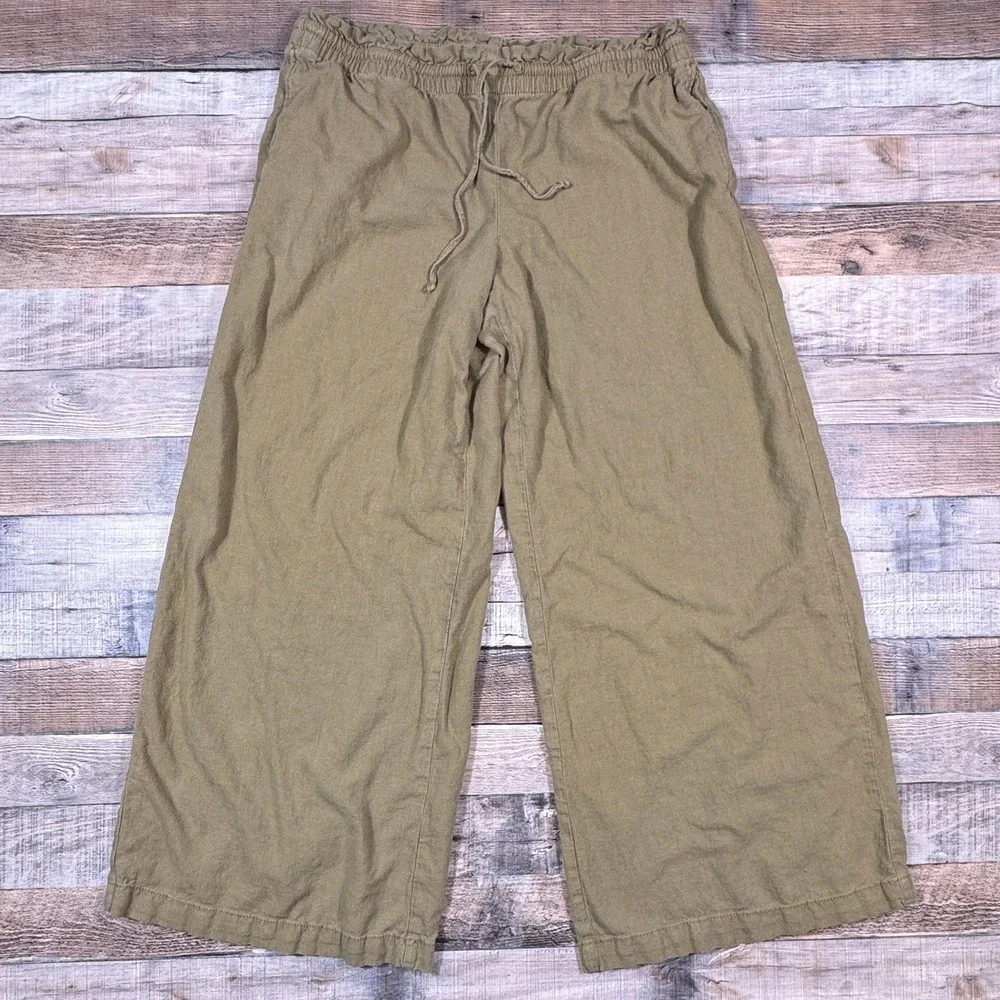 H&M Divided Women Brown Linen Blend Wide Leg Drawstring Pants Medium‎